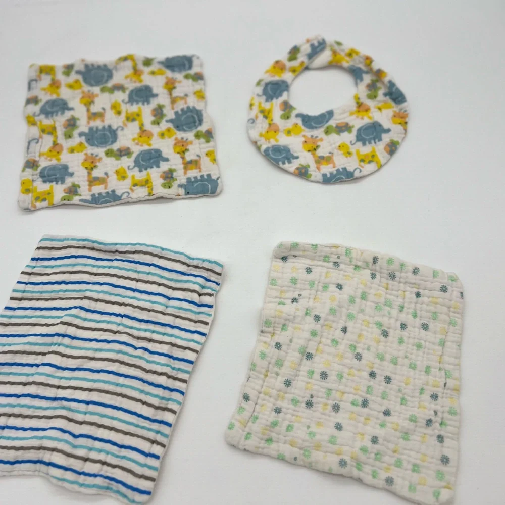 Baby Boy 4 Piece Bib And Towel Set Elephant Giraffe 100% Cotton Multicolor